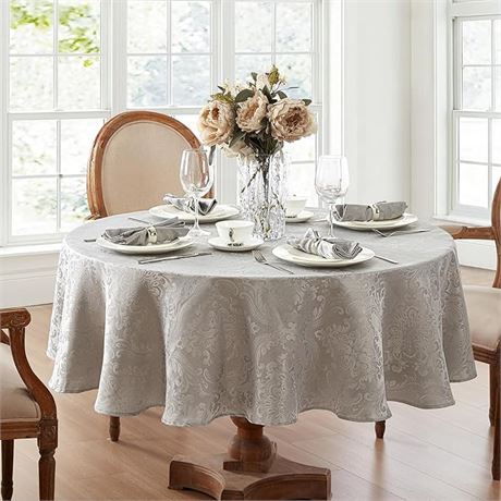 Elrene Home Fashions Caiden Elegance Damask Tablecloth, 90" Round, Silver