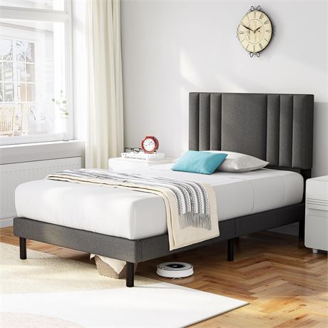 Twin IYEE NATURE Size Upholstered Platform Bed Frame with Headboard and Wood