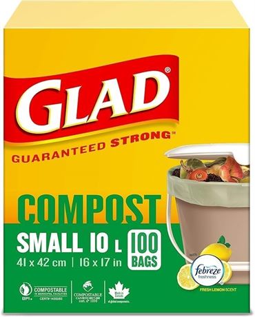 Glad 100% Compostable Bags - Small 10 Litres - Lemon scent, 100 Compost Bags
