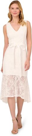 US 10 Adrianna Papell Women's Lace Midi Flounce Dress, Ivory