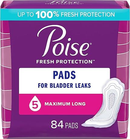 2 packs ,84 Count.Poise Incontinence Pads for Women, Maximum Absorbency, Long,