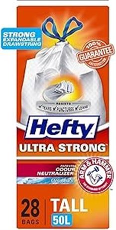 28PCS Hefty Garbage Bags, Ultra Strong Tall 50 Litres White Kitchen, Drawstring