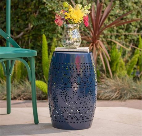 Riley Outdoor Modern 12-Inch Floral Cut Metal Barrel Side Table