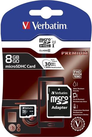 Verbatim 8 GB Premium microSDHC Memory Card with Adapter, UHS-I Class 10-44081