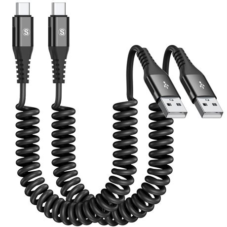 2-Pack, 6.6ft Coiled USB C Charging Cable for Car 3.0A, Sweguard Fast Charger
