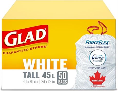 Glad White Garbage Bags - Tall 45 Litres - ForceFlex Drawstring, with Febreze
