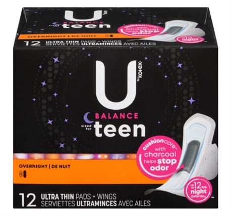 U by Kotex Overnight Protection Ultra Thin Teen Pads With Wings, 12 count