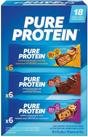 Pure Protein 18bars (6 Choc peanut butter/ 6 Choc Deluxe / 6 Chewy Choc Chip) by