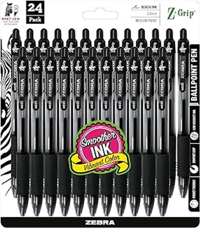 Zebra Pen Z-Grip Retractable Ballpoint Pen, 24 Pack, 1.0 mm, Black (12221)