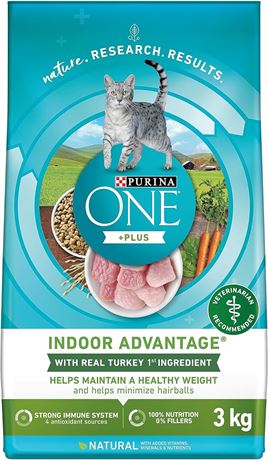 Purina ONE +Plus Dry Cat Food, Indoor Advantage Turkey - 3 kg Bag