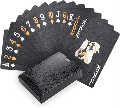 Joyoldelf Cool Black Playing Cards, Waterproof Black-Gold Foil Poker Cards