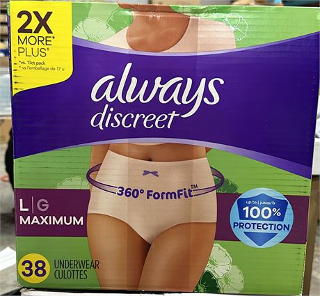 38CT, Large, Always Discreet Adult Incontinence Underwear for Women