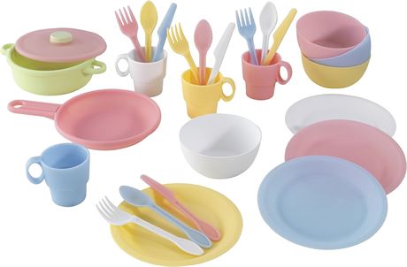 KidKraft 27-Piece Pastel Cookware Set, Plastic Dishes and Utensils for Play Kitc
