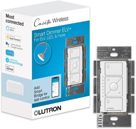 Lutron Caseta Smart Dimmer Switch for ELV+ Bulbs, 250W LED, PD-5NE-WH, White