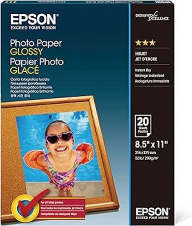 Epson Glossy Photo Paper, 8.5 X 11-Inch, 20 Sheets Per Pack (S041141)