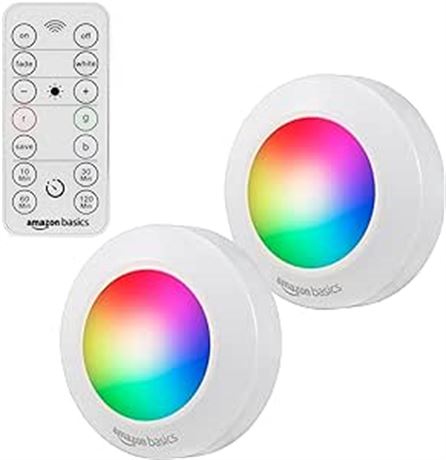 Basics LED Puck Lights, Color Changing, Battery Operated, IR Remote, 40 Lumens