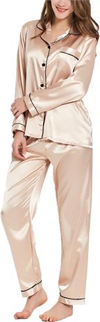 2XL - SWOMOG Women's Silk Satin Pajamas Long Sleeve Loungewear Two-Piece