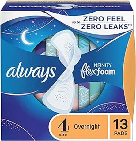 13 Count Always, Infinity With FlexFoam Pads For Women, Size 4, Overnight