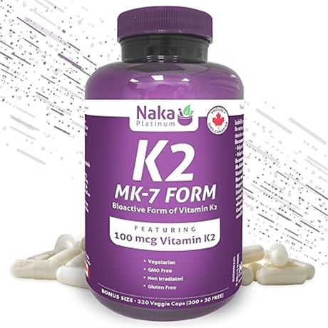 Naka Platinum K2 (MK-7 form)100 mcg SUPER BONUS Size 330 Veggie Caps