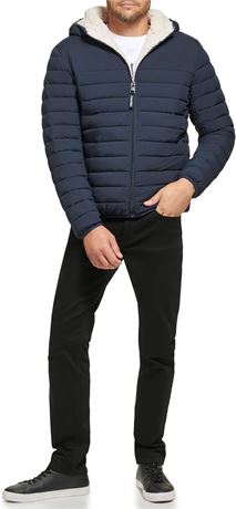 MED Calvin Klein Men's Hooded Down Jacket, Quilted Coat, Sherpa Lined