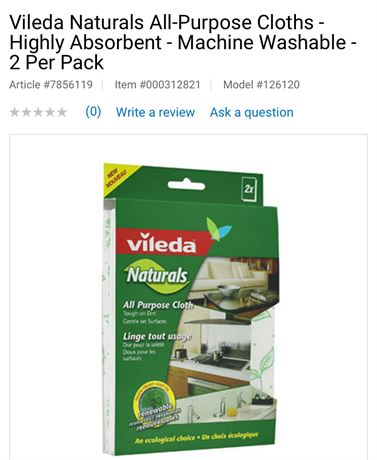 Vileda Naturals All-Purpose Cloths - Highly Absorbent - Machine Washable - 2 Per