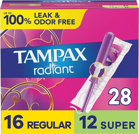 Tampax, Radiant Tampons, Plastic Applicator, DuoPack, Regular/Super Absorbency