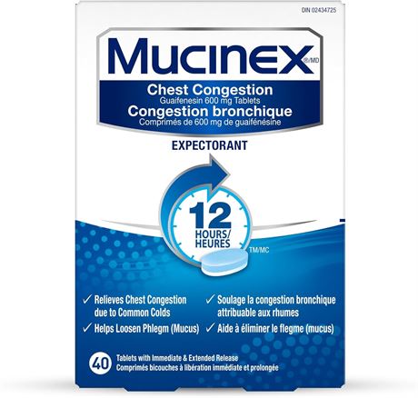 Mucinex Chest Congestion Guaifenesin 600 mg Tablets Expectorant (Cough Medicine)