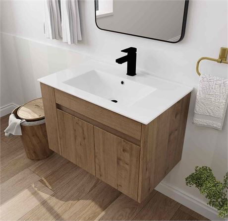 30” x 18” Bathroom White Ceramic Sink Top Countertop With Black Matte Faucet