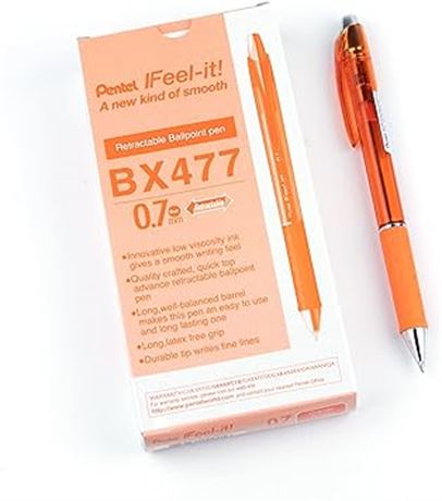 12 Pentel Feel-It!, Low Viscosity, Retractable Ballpoint Pen, Orange Ink