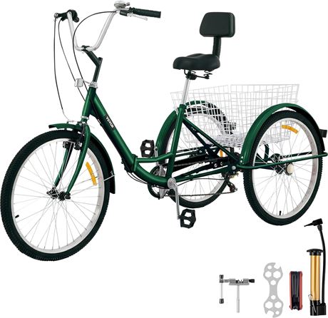 VEVOR Green Tricycle Adult 26’’ 7-Speed 3 Wheel Bikes for Adults Three Wheel