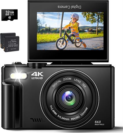 4K Digital Camera for Photography, Auto-Focus Point and Shoot Digital Cameras