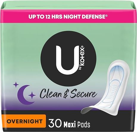 U by Kotex Clean & Secure Overnight Maxi Pads, 30 Count (Packaging May Vary)