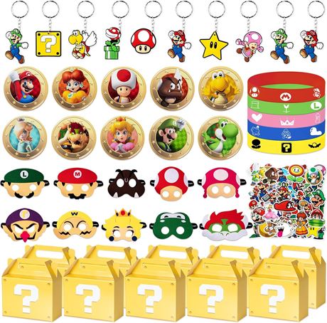100 Pcs Mario Birthday Party Favors Include 10 Boxes,10 Wristbands, 10Masks...