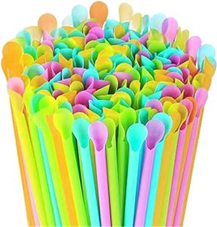 Disposable Snow Cone Spoon Straws Plastic Spoon Drinking Straws, Assorted Colors