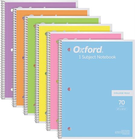 Oxford Spiral Notebook 6 Pack, 1 Subject, College Ruled Paper, 8 x 10-1/2 Inch