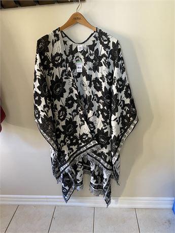 Black and white floral ruana