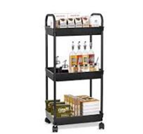 WASJOYE 3-Tier Plastic Rolling Utility Cart with Handle, Black Home Kitchen