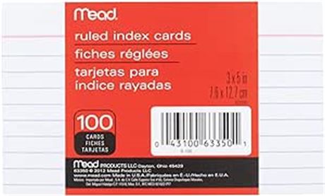 Mead 3 X 5-Inch Index Cards, Ruled, 100 Count, White-63350