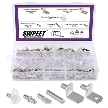 Swpeet 160Pcs 6 Styles Shelf Pins Assortment Kit, Top Quality Nickel Plated Shel