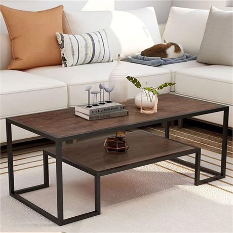 Black Sofa Side Table Industrial Style Low Coffee Table 2 Tier Wood Rustic Brown