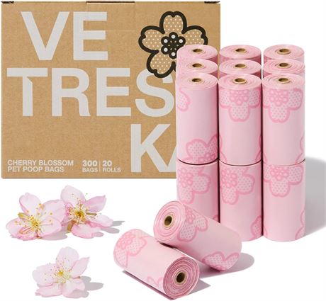 VETRESKA Cherry Blossom Scented Dog Poop Bags, Leak Proof, Extra Thick and Large