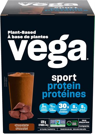 12x44g Vega Sport Protein Vegan Protein Powder, Chocolate, Non GMO Pea Protein