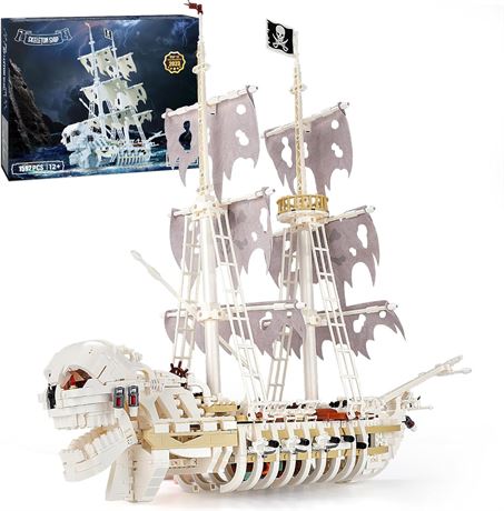 Sillbird Skeleton Pirate Ship Toy Building Sets, Collectible Skull Ship Model