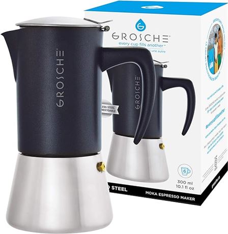 GROSCHE Milano Moka Stovetop Espresso Coffee Maker (St-Steel, 6 cup - 9.3 oz)