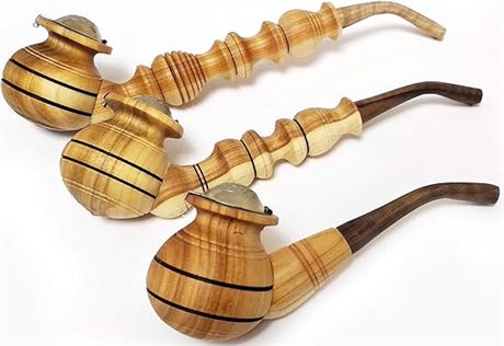 Set of 3 Wooden Smoking Pipes Different Size 7, 10, 14 cm Long Carved Handmade