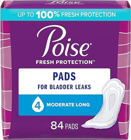 4 Drop, Moderate Absorbency, Long Length, 84 Count Poise Incontinence Pads