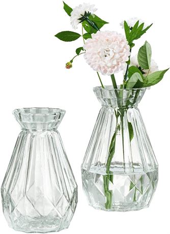 MyGift 5-Inch Decorative Clear Glass Diamond-Faceted Flower Vases, Set of 2