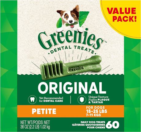 GREENIES Adult Dog Treats Original PETITE Natural Dental Care, (60 Treats) 36oz.