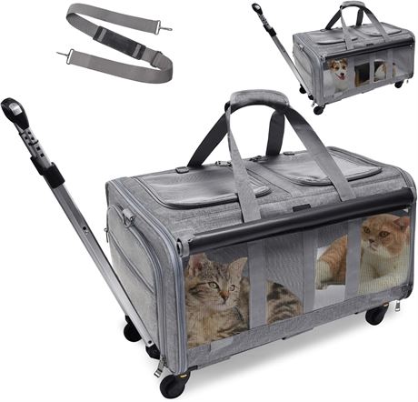 GJEASE Double-Compartment Pet Rolling Carrier with Wheels,Cat Carrier for 2 Cats