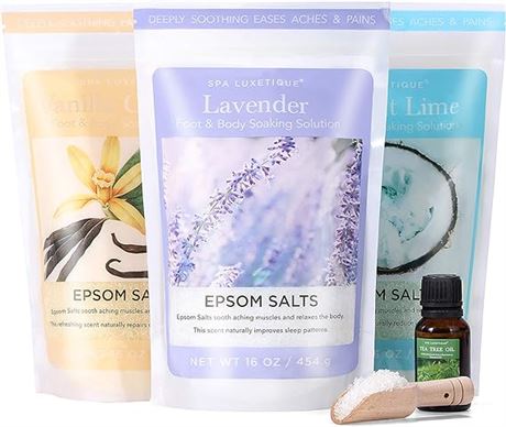 Epsom Salt Bath Salt Soaking 3 x 454g(16oz), Lavender, Vanilla, Coconut Lime